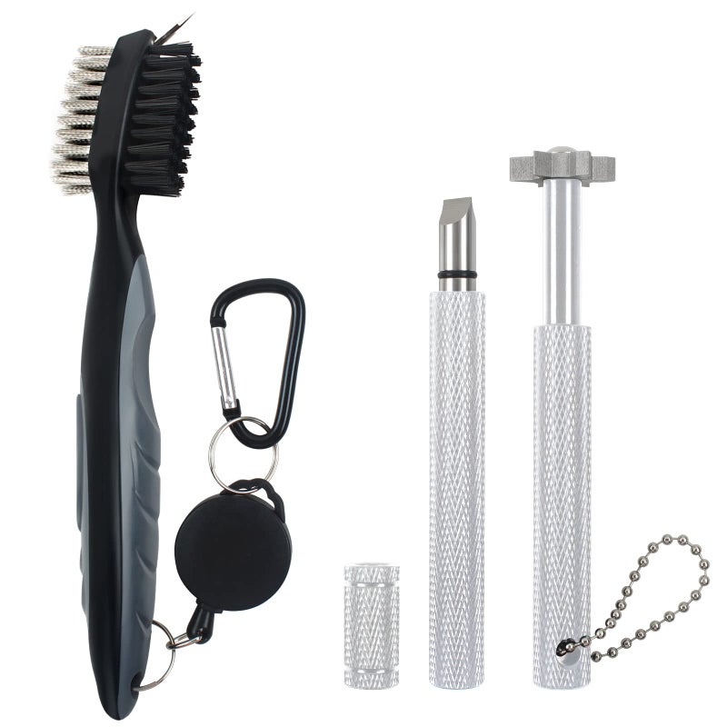 VIPMOON Golf Club Cleaner Kit, 2 Pcs Groove Sharpener Tool and 1 Pcs Club Cleaner Brush Retractable, Groove Sharpener Re-Grooving Tool for Golf Accessories for Men (Silver) - Image 1
